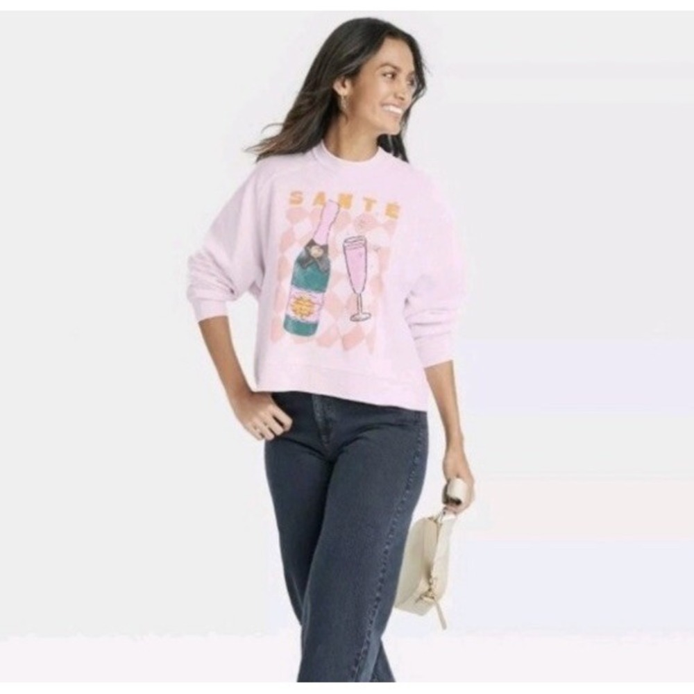 Grayson Threads Women's‎ Sante Light Pink Sweatshirt Wine bottle and Glass XXL